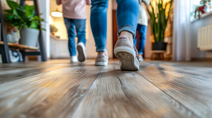  a families feet walking on a realistic vinyl wood plank flooring