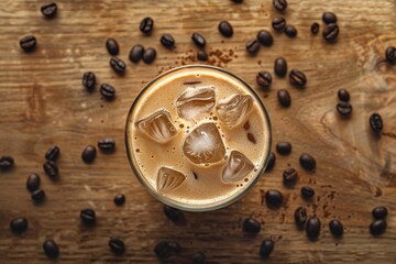 Poster - A refreshing glass of iced coffee with ice cubes and coffee beans, perfect for a hot summer day or a morning pick-me-up