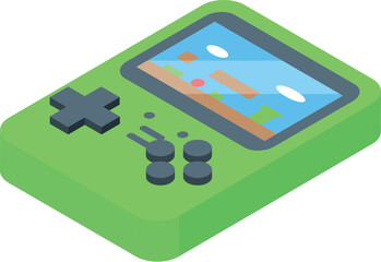 Wall Mural - Isometric view of a green handheld video game console displaying a running character