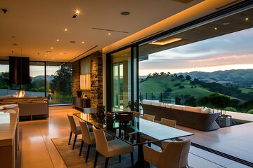 A contemporary dining room with a glass wall opening to a terrace with a view of rolling hills, modern furnishings, and ambient lighting.