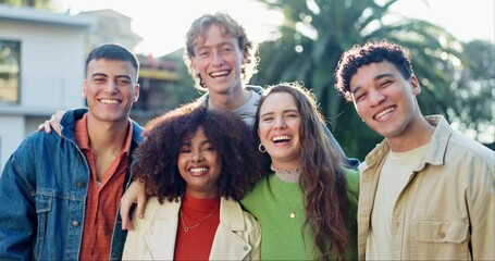 Poster - Face, love or smile with group of friends outdoor in summer together for bonding, humor or laughing. Funny, happy or portrait of gen z men and women in neighborhood for community, fun or hang out