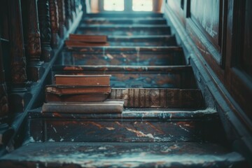 Poster - Stacks of books sitting atop a staircase, with a wooden or stone background