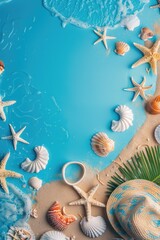 Poster - A close-up of a beach scene featuring shells and starfish on the sand, great for decorative purposes or as a background