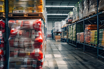 Pallet of wrapped food products in warehouse