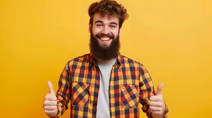 Wall Mural - Young handsome man with beard over isolated yellow background with thumbs up because something good has happened.