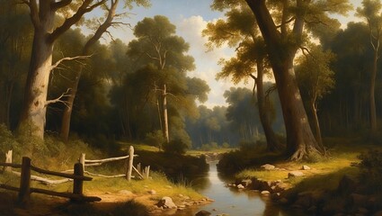 Poster - A calm, sun-dappled stream winds through a lush forest