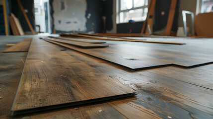 Wall Mural - Male construction worker installing laminate timber flooring in new flat. Home renovation concept.