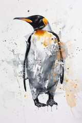 Poster - A watercolor illustration of a penguin sitting on a white surface