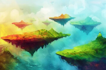 Wall Mural - A digital painting of a surreal landscape with rolling hills and floating islands. The use of bright, unnatural colors gives the scene a dreamlike quality.