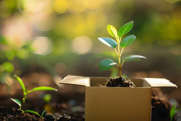 Sticker - A small plant in a cardboard box in nature. Eco friendly packaging, paper recycling concept.