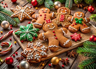 Poster - Warm festive atmosphere surrounds decorated Christmas gingerbread cookies with icing, candies, and sprinkles on a rustic wooden table in a cozy home setting.