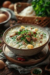 Wall Mural - Traditional Rice Porridge with Pork and Scallions. Generative AI.