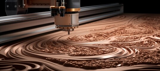 Poster - Precision cnc router carving intricate design on wood with detailed lines and textures