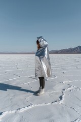 Wall Mural - A person wrapped in a blanket standing in the snow