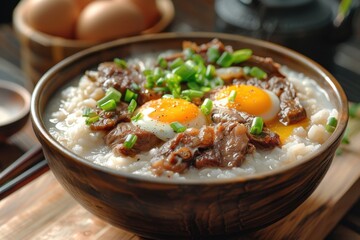 Wall Mural - Savory Congee with Beef and Two Soft-Boiled Eggs. Generative AI.