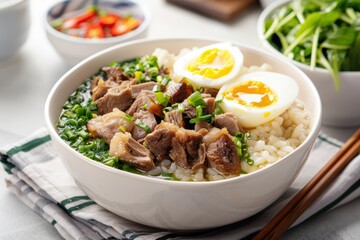 Wall Mural - Rice Porridge with Tender Beef and Soft-Boiled Eggs. Generative AI.