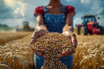 Golden harvest - tractors harvesting wheat in field, capturing essence of farming life, hard work of farmers, and bountiful spikes of wheat that signify successful agricultural season.