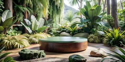 Podium jungle product platform, Background podium jungle tree nature leaf tropical cosmetic summer forest plant garden stage water presentation stone table,3D green wood display, spa still life