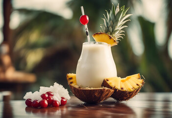 Piña colada in a coconut shell with a pineapple wedge and cherry in a tropical resort bar