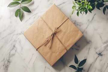 Poster - A box wrapped in brown paper sitting on a marble surface, suitable for use as a prop or decorative element