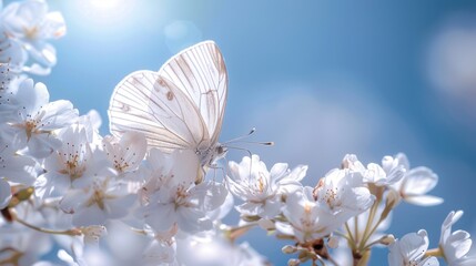 Poster - White Butterfly on Cherry Blossom Branch