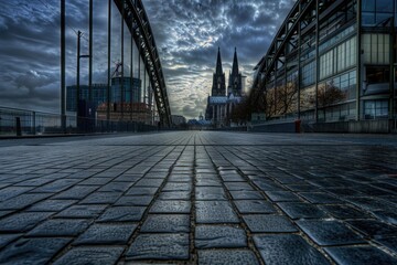 Poster - A scenic view of a cobbled street leading up to a historic cathedral, perfect for travel or architecture images