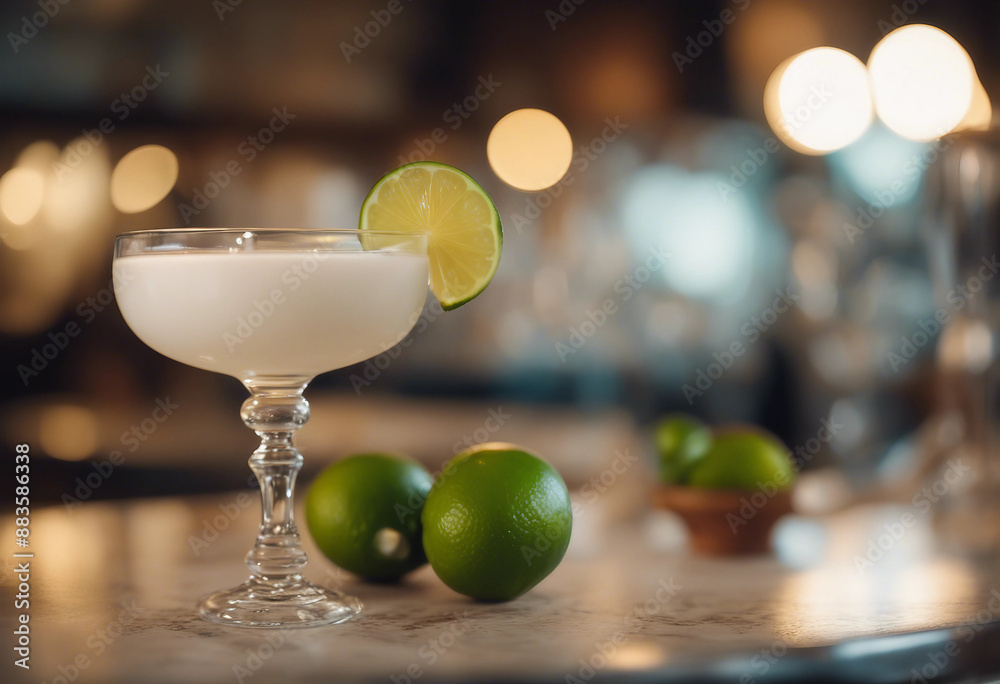 Pisco sour in a coupe glass with a lime twist and bitters in an elegant ...