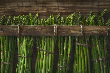 Canvas Print - A bunch of green asparagus hangs from a wooden rack, ready for cooking or serving