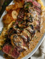 Wall Mural - Beef Tenderloin with Mushroom Cream Sauce and Crispy Potatoes. Generative AI.