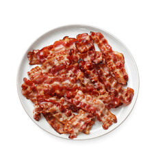 Wall Mural - Slices of tasty fried bacon isolated on white, top view