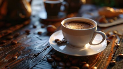 Aufkleber - A cup of coffee placed on a saucer on a table, ideal for a morning pick-me-up or as a decorative element