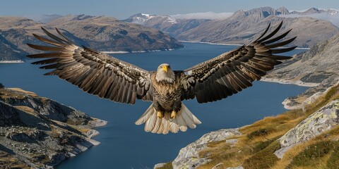 Wall Mural - Majestic Eagle Soaring Over Serene Mountain Lake with Breathtaking Backdrop of Rugged Peaks and Clear Blue Waters