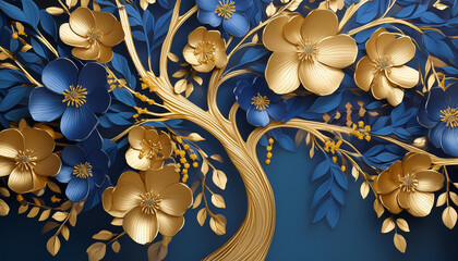 Elegant gold and royal blue floral tree with leaves and flowers hanging branches, Generative Ai