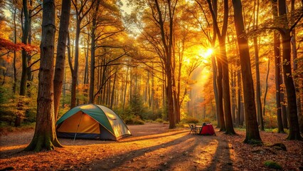 Idyllic autumn forest campsite with warm sunset colors , autumn, forest, campsite, sunset, scenery, lifestyle, weekend trip