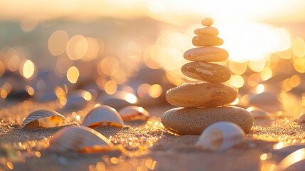 Poster - Zen Stones on the Beach at Sunset