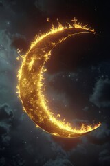 Wall Mural - Burning Crescent Moon in the Night Sky with Stars, A Symbol of Change and Transformation