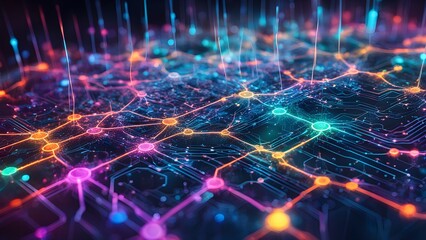 A colorful, abstract image of a network of lines and dots