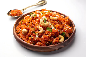 Board and plate of tasty Halwa with on white background.