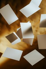 Poster - 3d render of a various blank white paper cards with rounded corners floating around over a dark yellow studio background