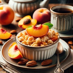 Close up of fresh homemade peach crumble organic breakfast dessert on a wooden table