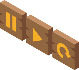 Poster - Isometric wooden media player buttons showing pause, play and refresh