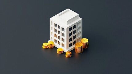 3D white building icon with gold coins with grey background. business background for presentation