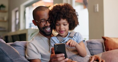 Poster - Father, son and play with phone, couch and happy in lounge, games and fun for bonding in house. Home, man and boy with mobile, gaming and child with smile, sofa and break in apartment and online