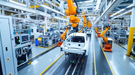 A car is being built in a factory with robots