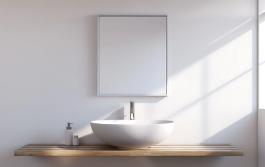 Interior of modern bathroom with white bathtub, round mirror and white towel on wooden shelf