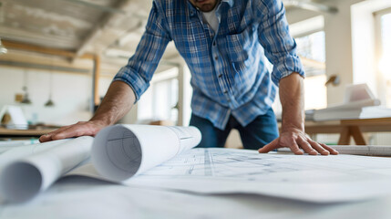 Wall Mural - Shot of architect rolling out a blueprint on a drawing board