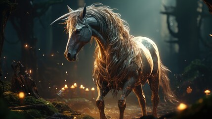 Poster - Abstract wallpaper of shining light unicorn in the magical forest, high quality ultra hd 8k  