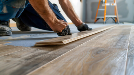 Wide shot A Construction worker installing a new laminate flooring