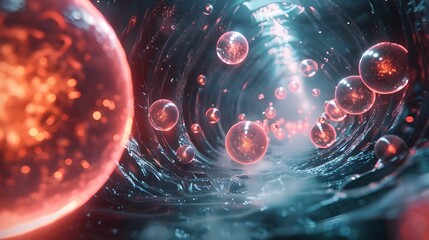 White blood cells depicted as glowing orbs traveling through a blood vessel.