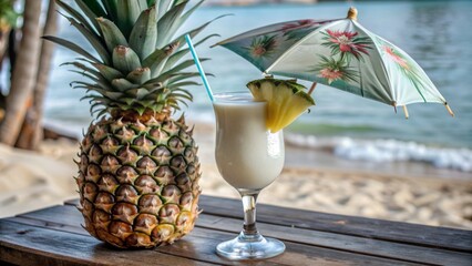 Refreshing tropical beach scene with umbrella adorned cocktail glass filled with creamy white drink and garnished with pineapple wedge.